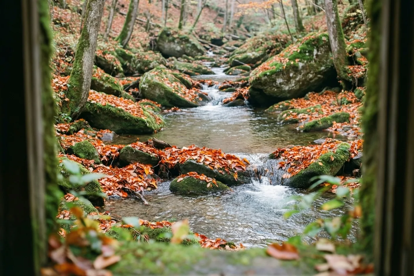 Tussen boomstammen door is een heldere bosbeek te zien die langs bemoste rotsen met gevallen oranje en rode bladeren stroomt.