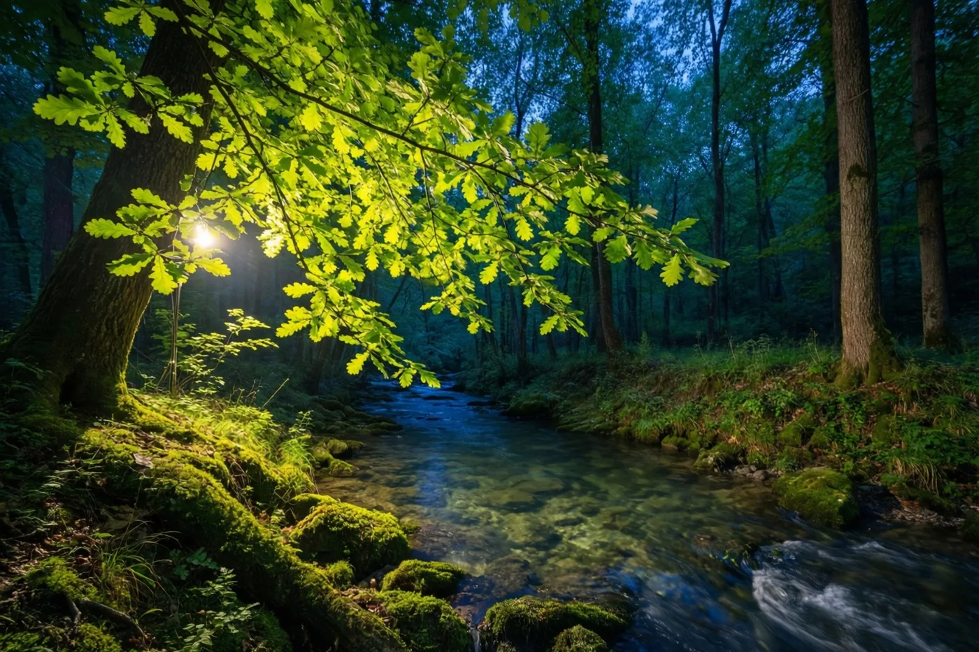 Een bosbeek stroomt door een bemost bos met zonbeschenen groene eikenbladeren op de voorgrond en diepe blauwe tinten in het beeld.