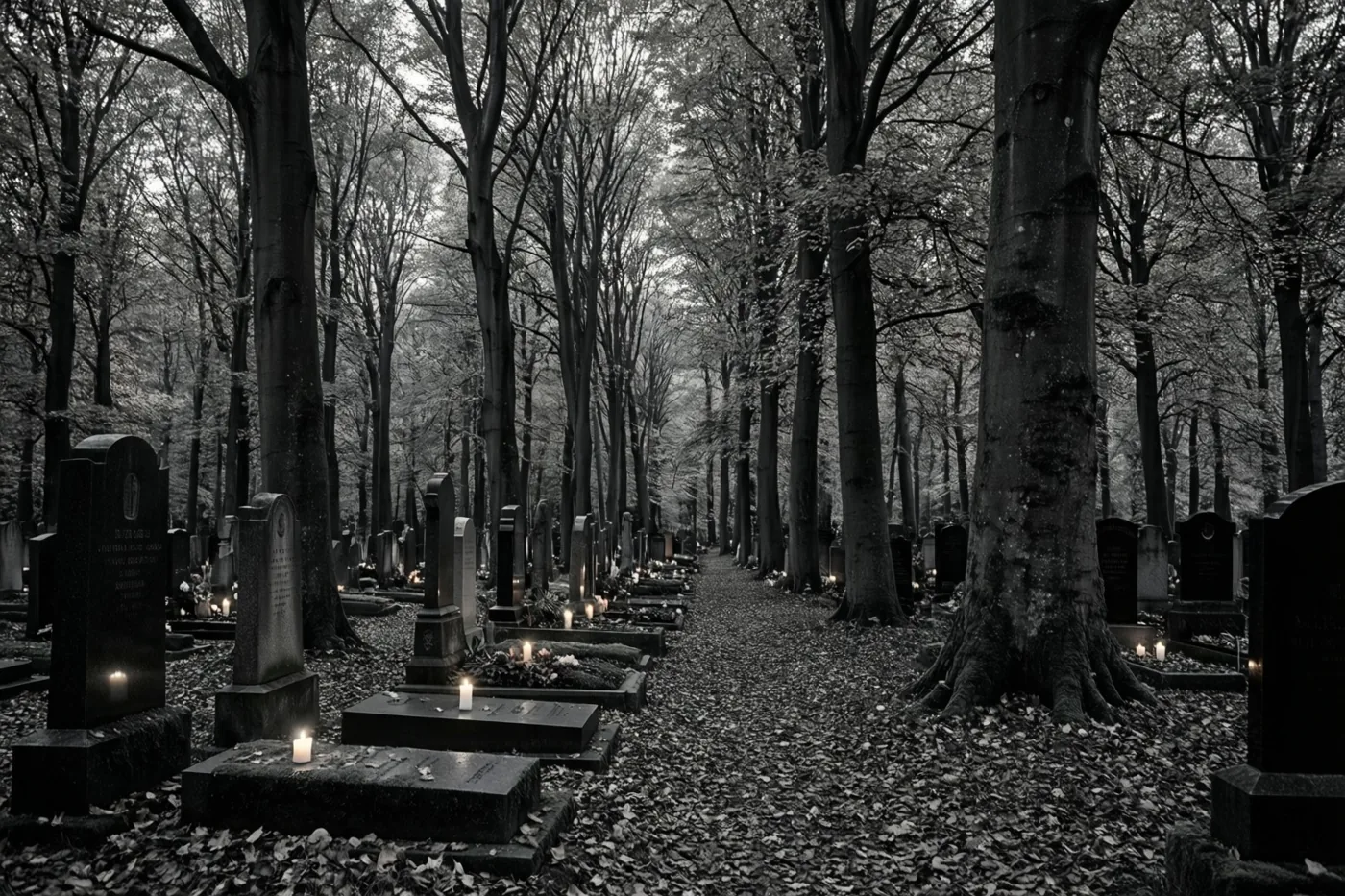 Een zwart-witfoto toont graven en hoge beuken langs een pad vol gevallen bladeren, met kleine brandende kaarsen bij verschillende graven in de schemering.