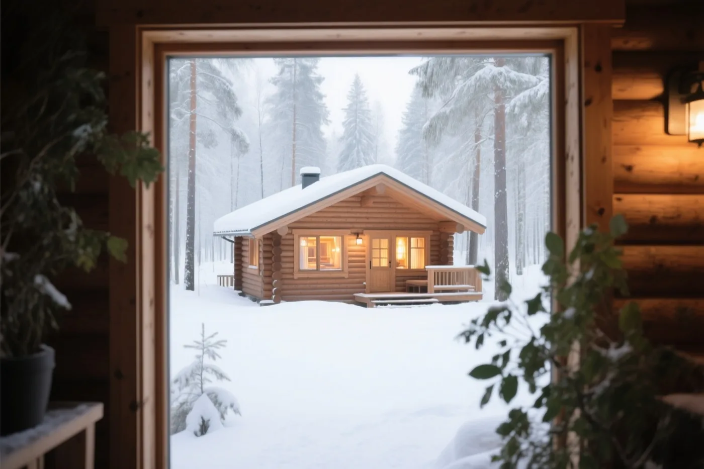 Vanuit een houten huisje is door een raam een ander houten huisje met verlichte ramen in een besneeuwd bos te zien, omlijst door een houten kozijn en kamerplanten.