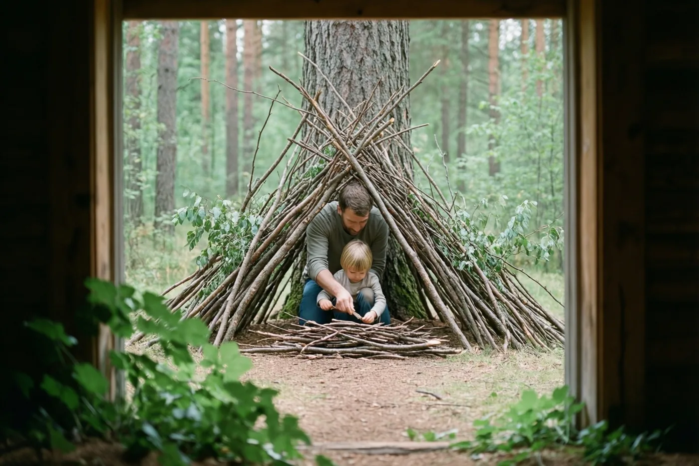 Door een houten raamkader zie je een vader en een kind een kleine hut van takken bouwen tegen een boom in een bos met bruine, groene en grijze tinten.