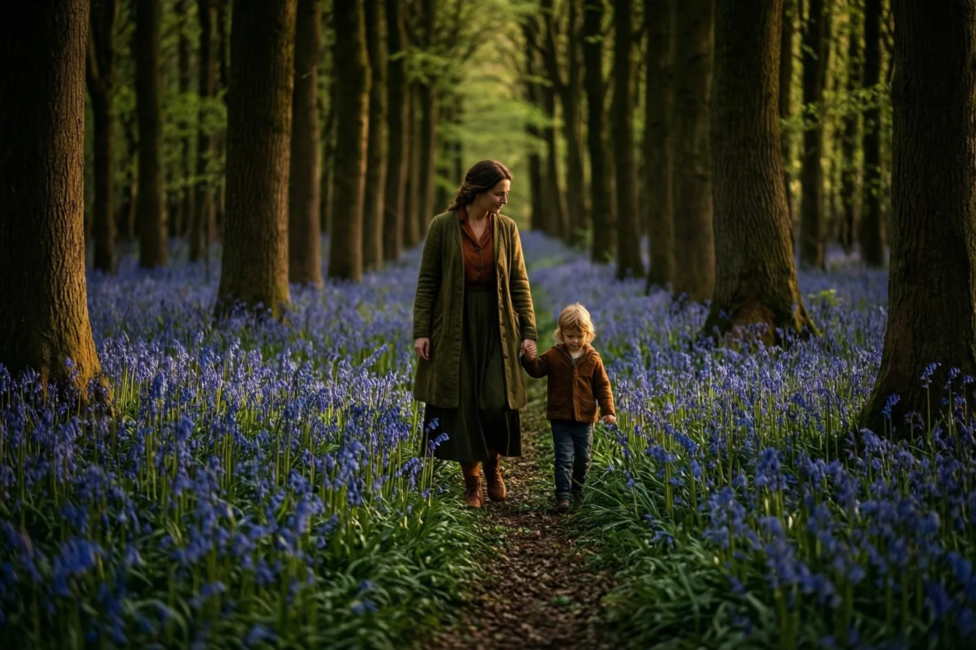 Een moeder en kind wandelen hand in hand over een pad door een dicht bos vol boshyacinten, met warm goudkleurig licht tussen de bomen.