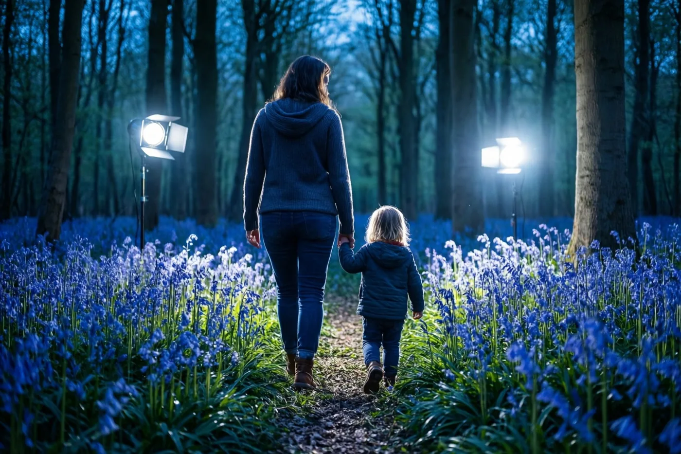 Een moeder en kind wandelen hand in hand over een pad door een dicht bos vol boshyacinten in koele blauwe en groene tinten.