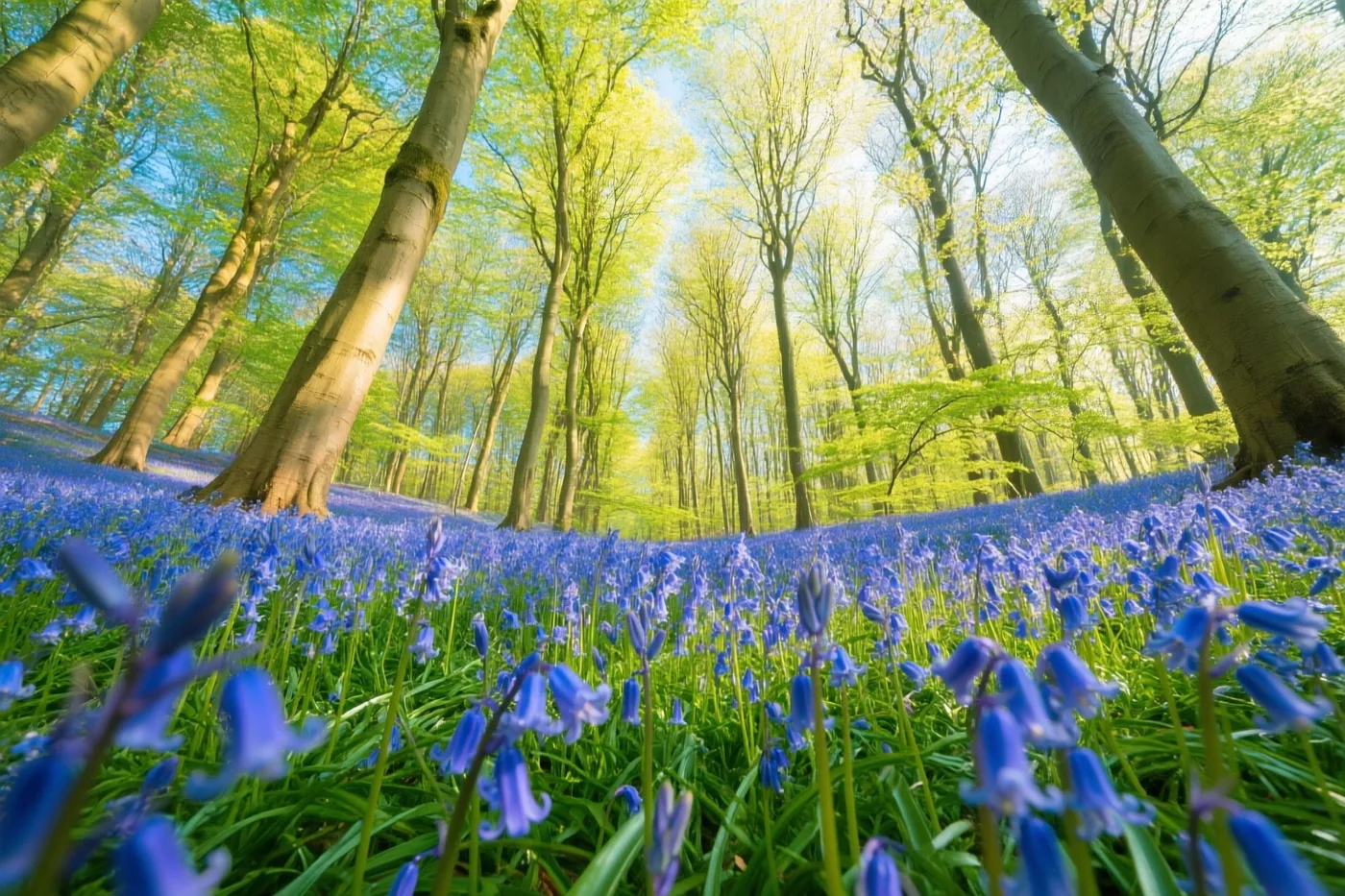Vanuit een laag standpunt is een dicht tapijt van boshyacinten onder hoge beuken te zien, met helder zonlicht dat door frisgroene bladeren valt.