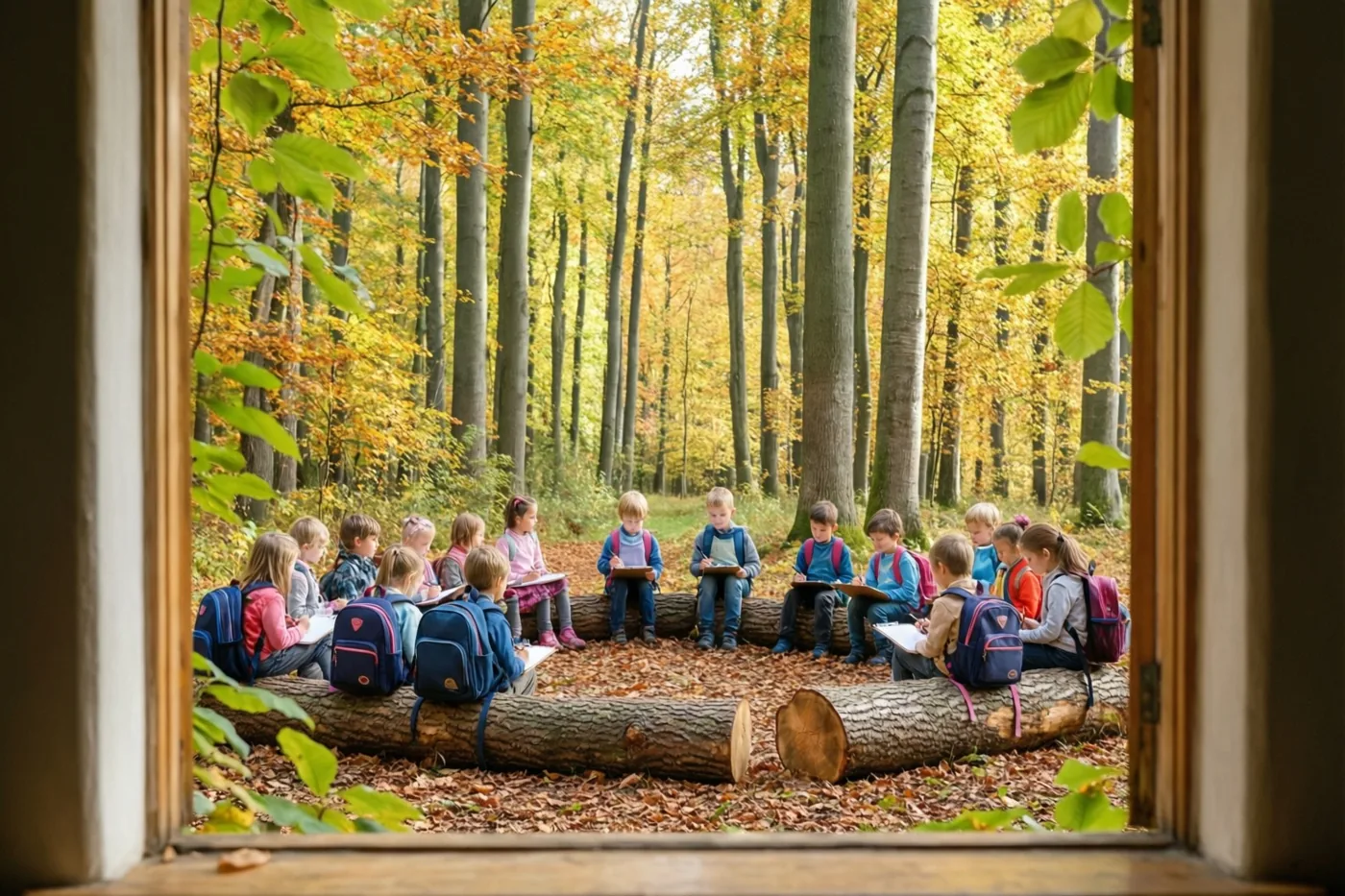 Door een houten raam zijn kinderen met rugzakken en klemborden te zien op boomstammen in een beukenbos met herfstkleuren en warm goudkleurig licht.