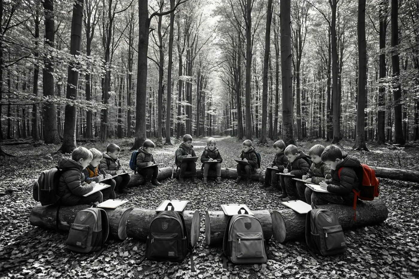 Kinderen zitten schrijvend met klemborden in een kring op boomstammen in een herfstig beukenbos, op een zwart-witfoto met één rode rugzak.