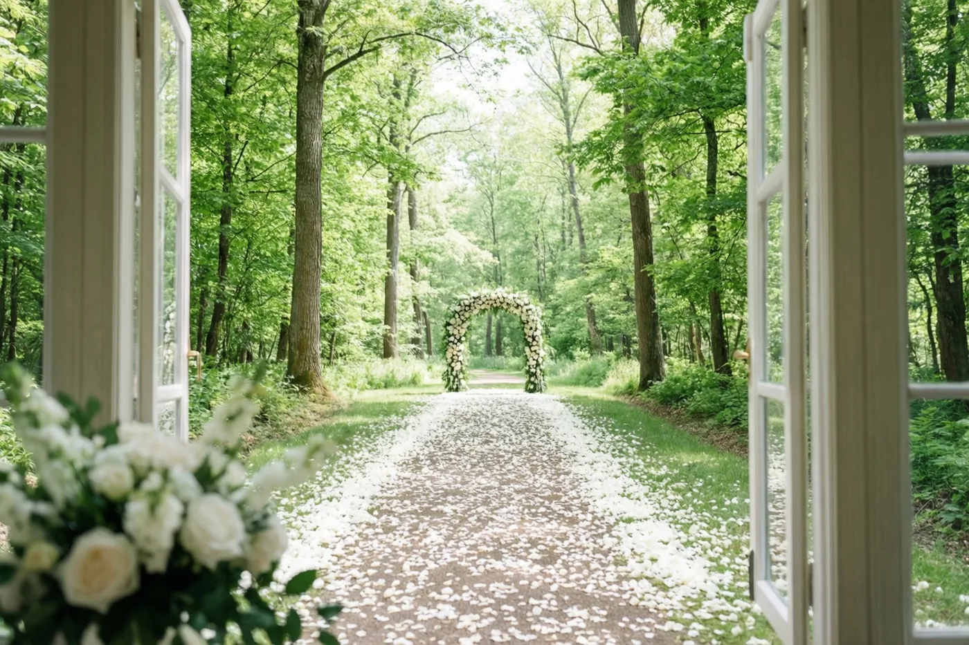 Door een open raam is een bospad met witte bloemblaadjes te zien dat in een helder verlicht groen bos naar een bloemenboog leidt.