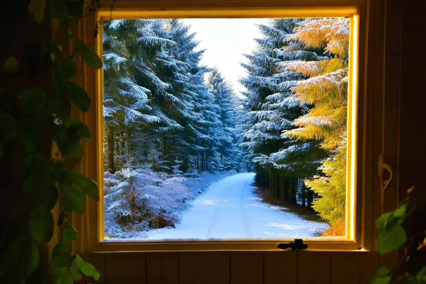 Door een warm verlicht raam is een besneeuwd bospad tussen sparren te zien, met goudkleurig zonlicht op de bomen rechts.