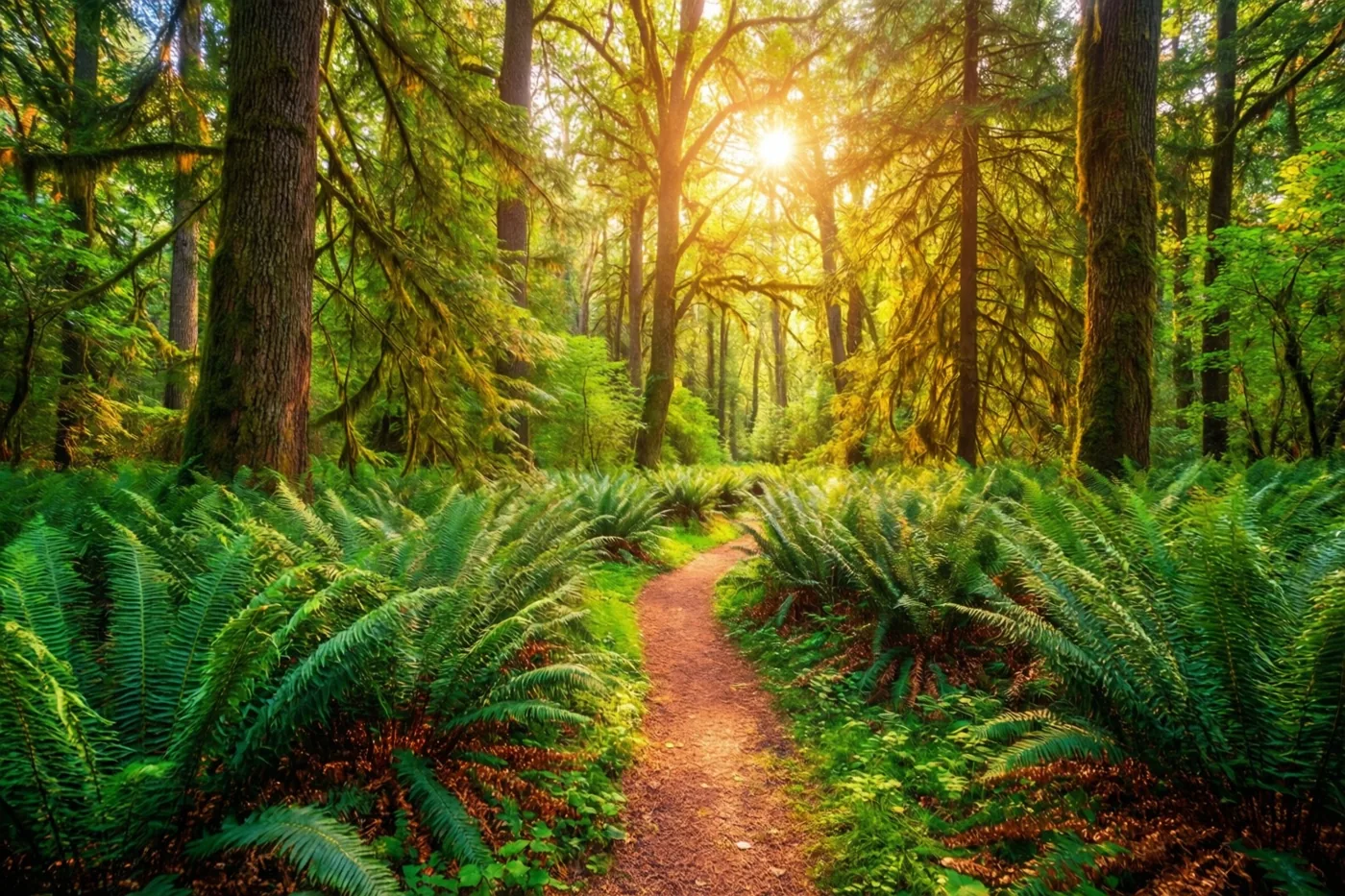 Een kronkelend aardepad loopt door een dicht bos met hoge groene varens en bemoste boomstammen in warm zonlicht.
