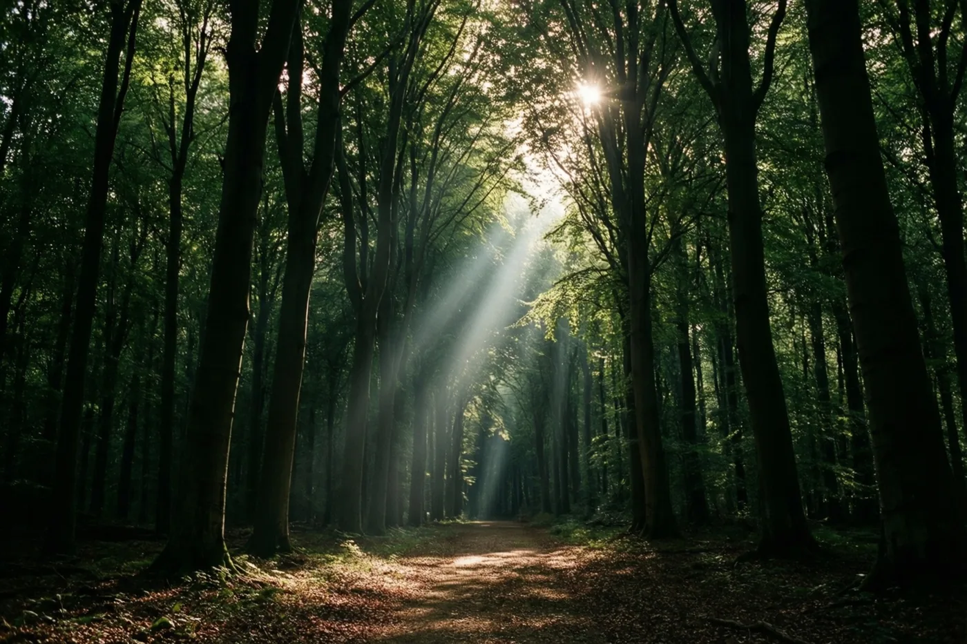Zonnestralen vallen tussen hoge beuken op een rustig bospad, omgeven door diepe groene en aardbruine tinten.