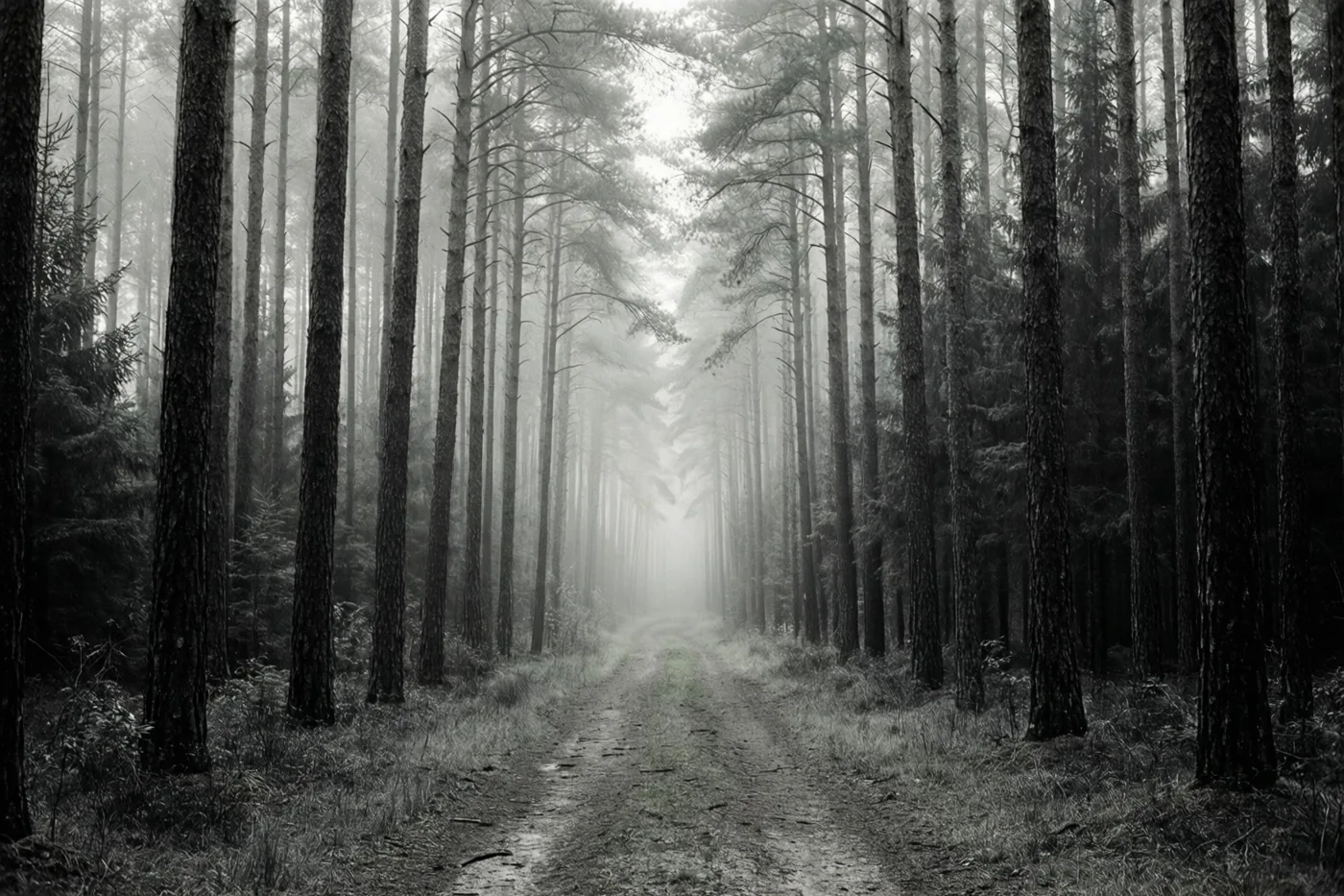 Een smal onverhard pad slingert door een dicht bos met hoge dennen en verdwijnt in zachte mist, in een monochroom beeld.