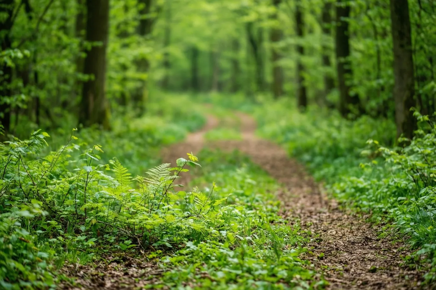 Een kronkelend zandpad loopt tussen varens en bomen door een weelderig groen bos in zacht natuurlijk licht.