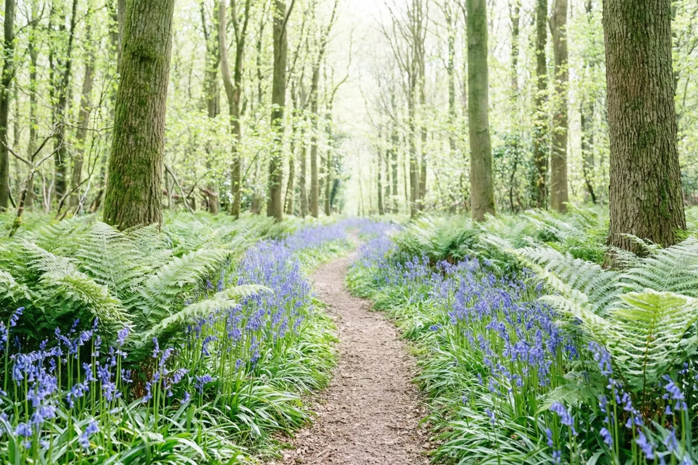 Een kronkelend aarden pad loopt door een bos tussen groene varens en bloeiende boshyacinten in zacht licht dat door de bomen valt.
