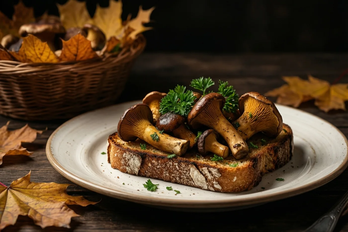 Een snee geroosterd brood met gebakken bospaddenstoelen en peterselie ligt op een wit bord tussen herfstbladeren op een donker houten oppervlak.