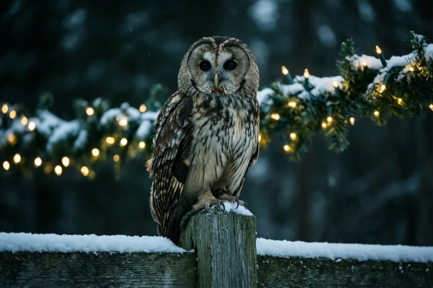 Een bosuil zit op een besneeuwde houten weidepaal in een donker winters bos, met op de achtergrond een besneeuwde groenblijvende slinger met brandende lichtjes.