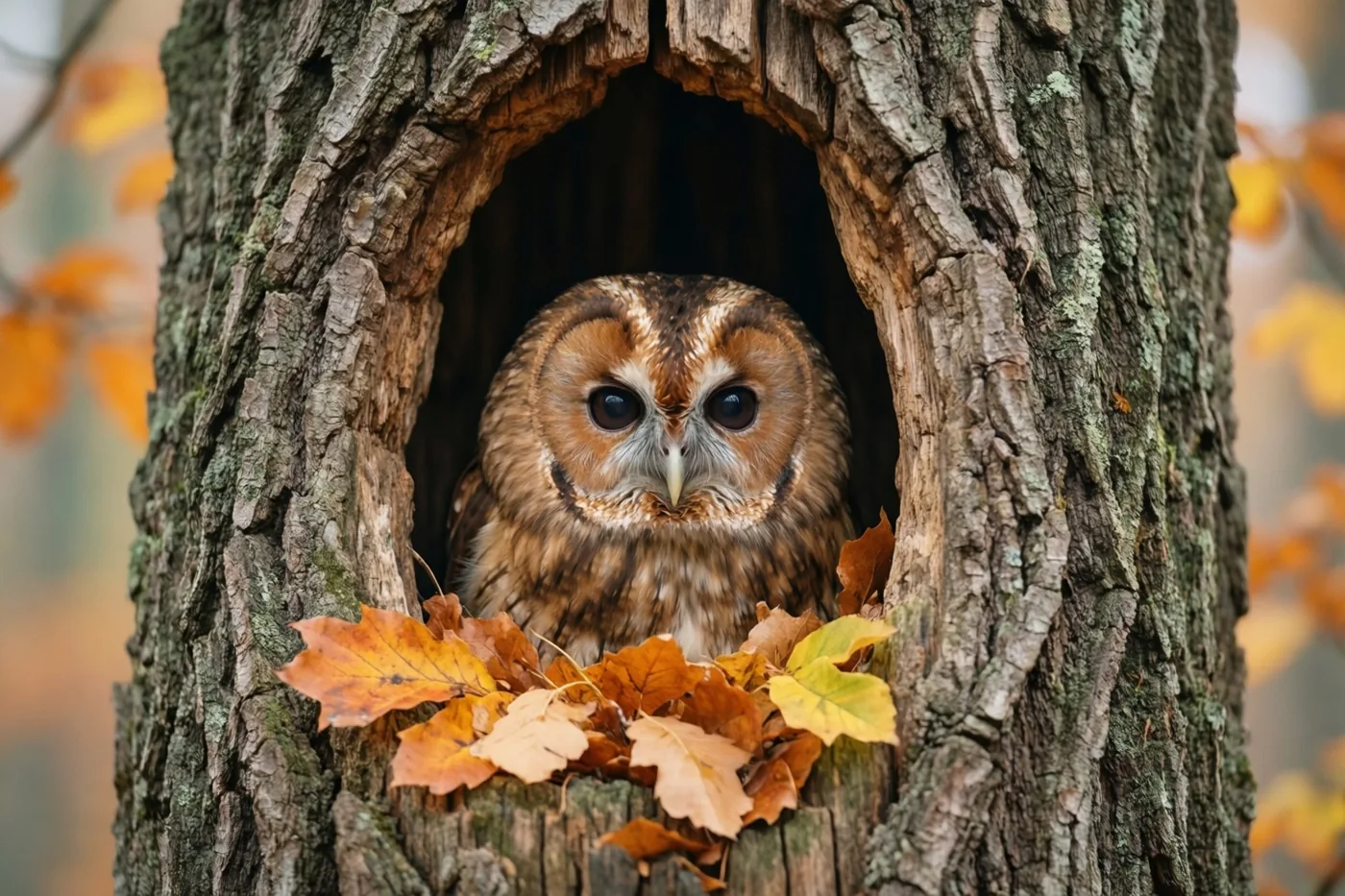 Een bosuil kijkt uit een holte in een oude eik in het bos, omringd door oranje en gele herfstbladeren.