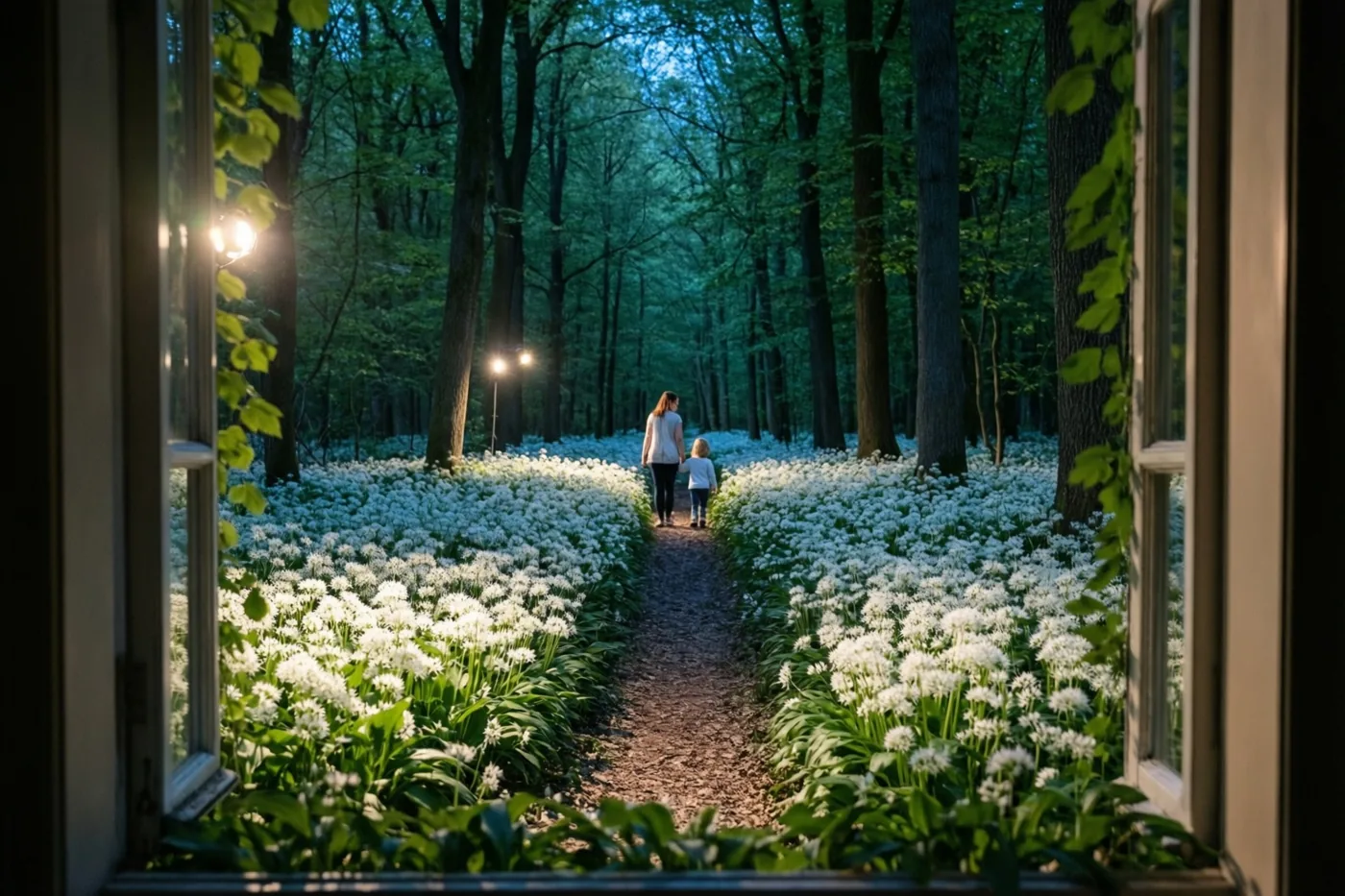 Door een open raam zie je een moeder en klein kind hand in hand wandelen over een bospad vol witte daslookbloemen in zacht daglicht.