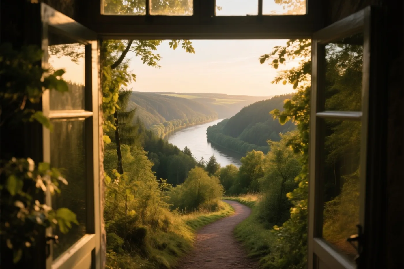 Door een open raam is een kronkelend zandpad zichtbaar dat door een groen bos naar een riviervallei leidt in goudkleurig zonlicht.