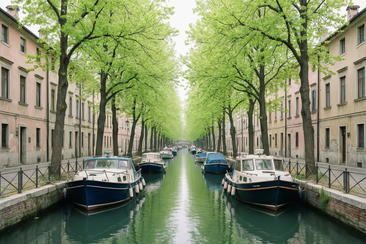 Langs een gracht met aangemeerde boten en oude gevels staan hoge lindebomen met frisgroene bladeren.