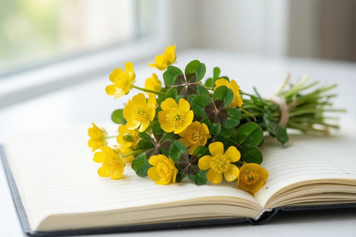 Een klein boeket gele boterbloemen en groene klaverblaadjes ligt op een open schrift op een witte ondergrond bij een raam met zacht daglicht.