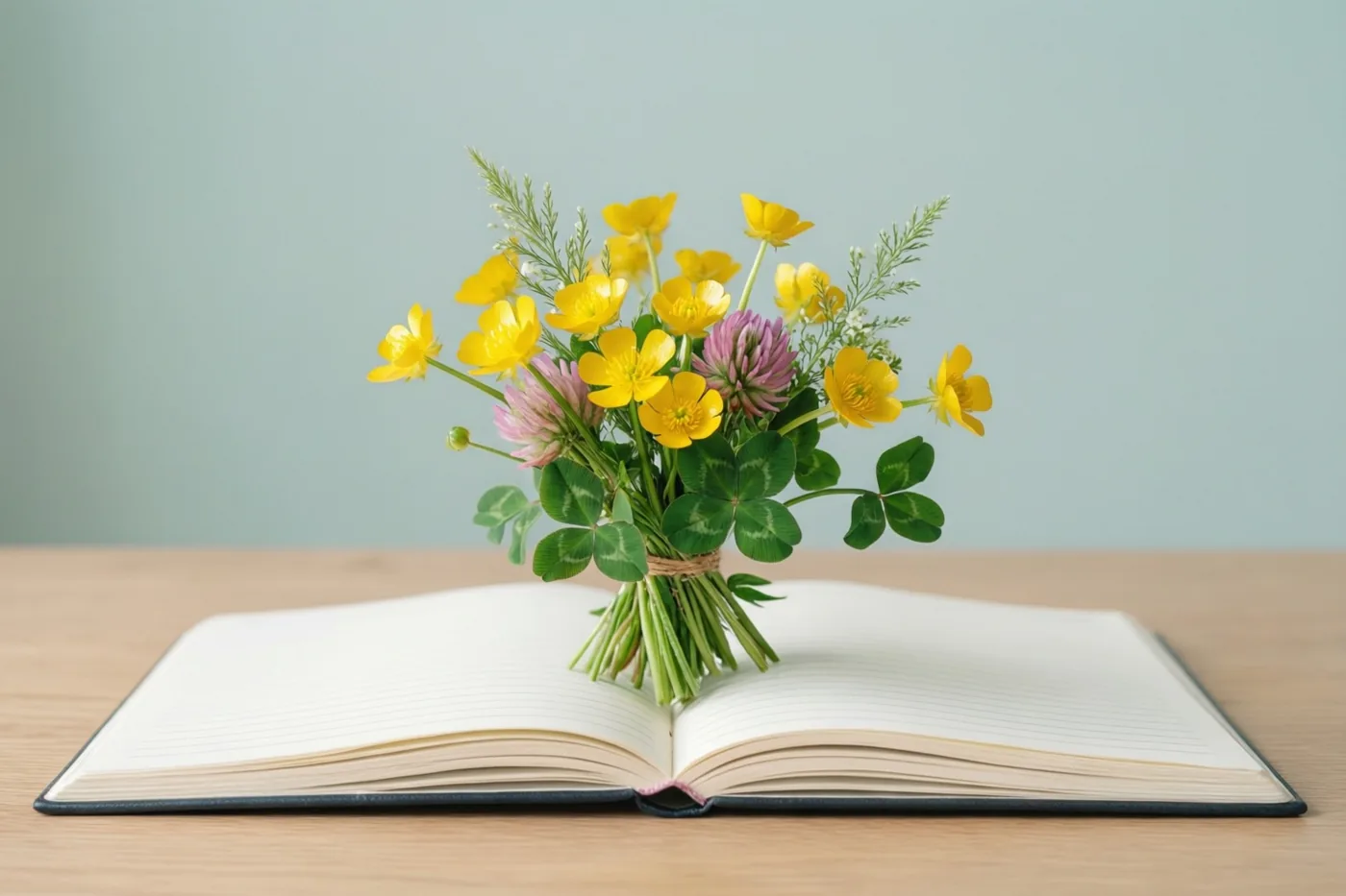 Een klein boeket gele boterbloemen en groene klaver ligt op een open schrift op een houten ondergrond, voor een effen lichtblauwe muur.