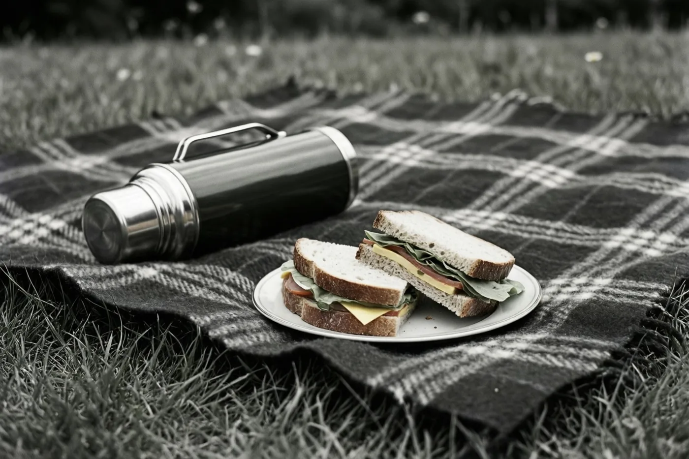 Een bord met twee helften van een belegde boterham en een thermos staan op een geruit deken op het gras, in een beeld met vervaagde filmtinten en een zwart-wituitstraling.
