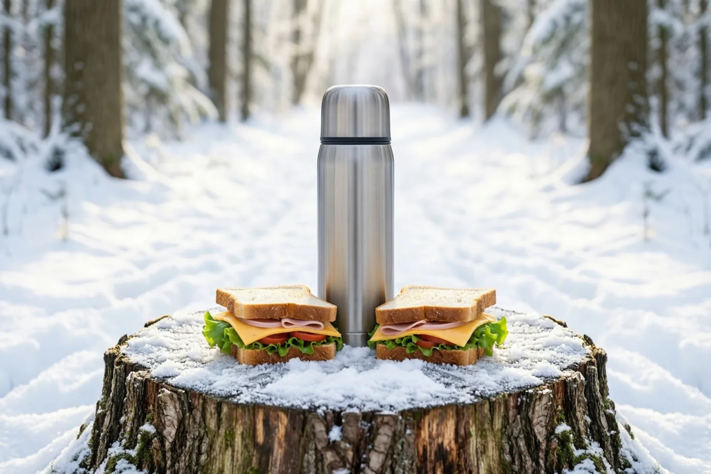 Een zilverkleurige thermos en twee boterhammen met kaas liggen op een besneeuwde boomstronk in een besneeuwd bos.