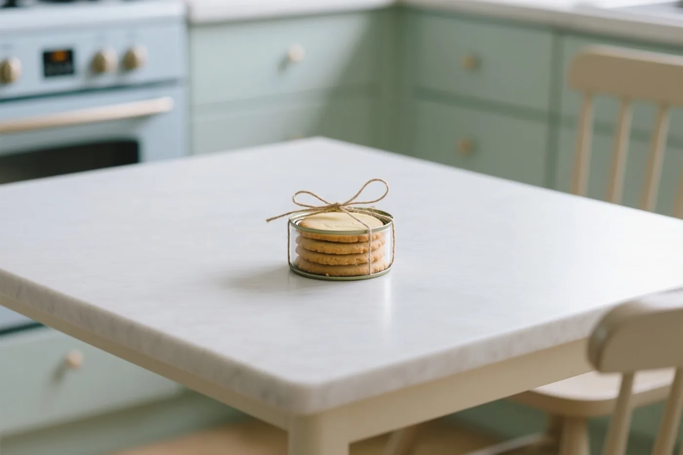Een stapeltje zelfgebakken boterkoekjes met een touwtje errond staat in een klein blik op een witte marmeren keukentafel, met lichtgroene kasten en een bijpassende oven op de achtergrond.