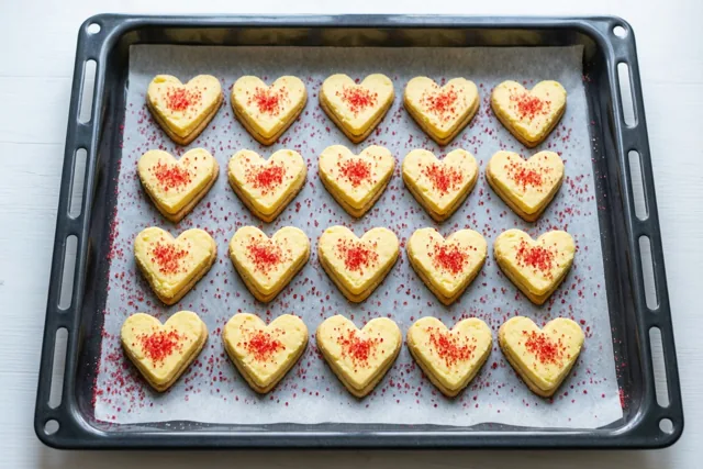 Hartvormige boterkoekjes met rode suikerstrooisels liggen netjes op een bakplaat met bakpapier op een lichte houten ondergrond.