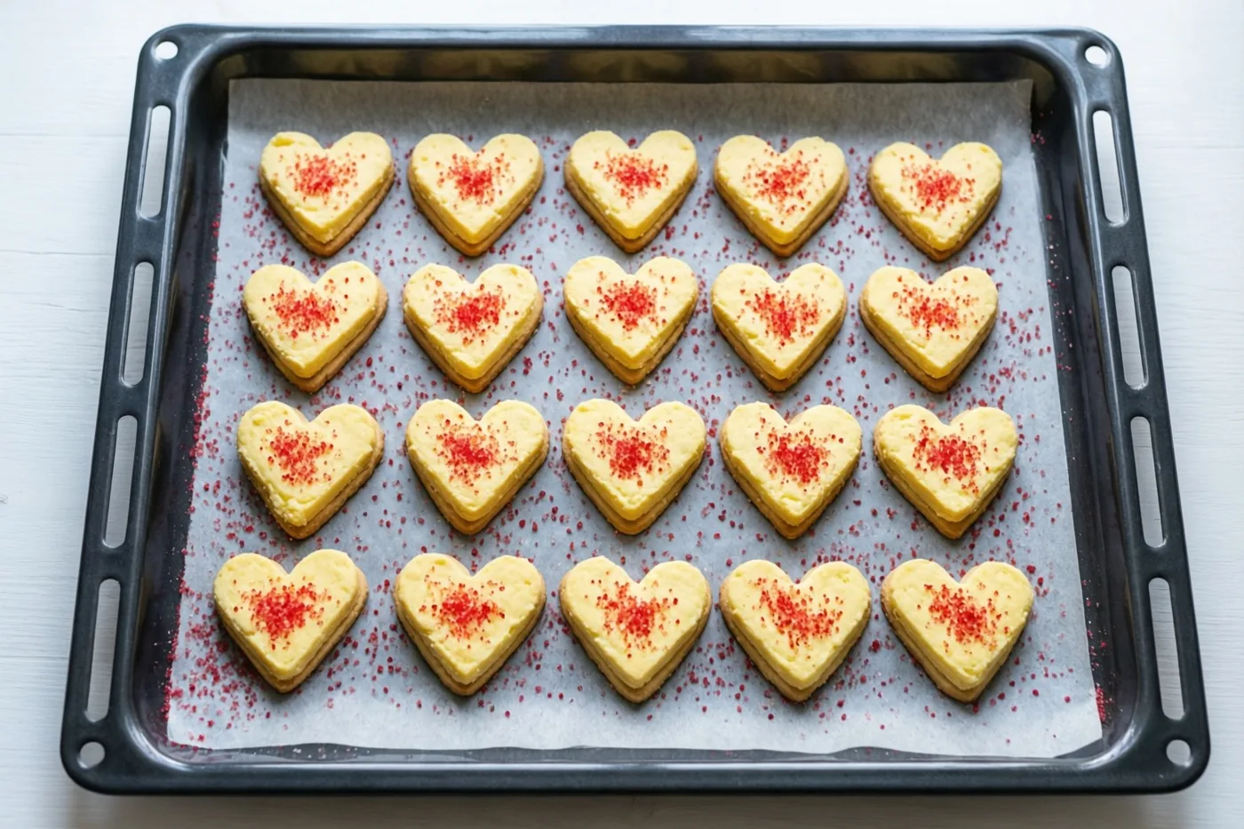 Hartvormige boterkoekjes met rode suikerstrooisels liggen netjes op een bakplaat met bakpapier op een lichte houten ondergrond.