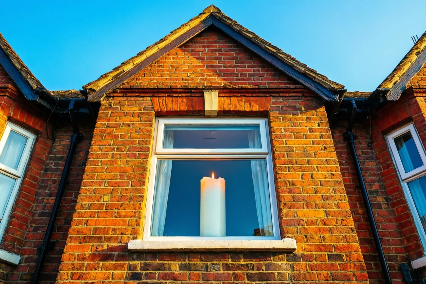 Een witte doopkaars brandt in het raam van een rode bakstenen rijwoning met trapgevel, in warm goudkleurig licht onder een helderblauwe hemel.