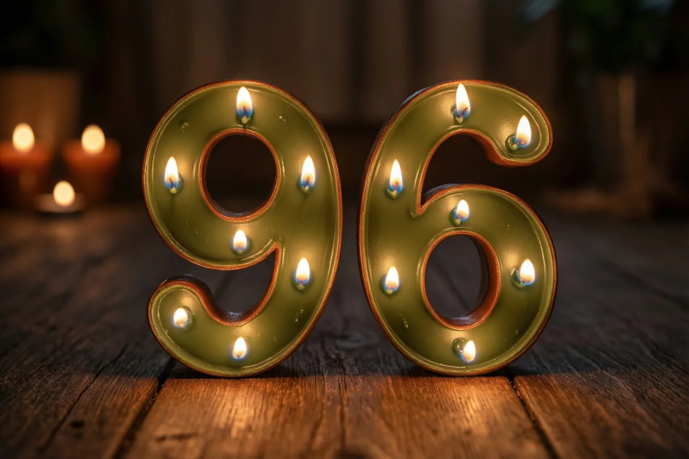 Het getal 96 is gelegd met brandende theelichtjes op een donkere houten vloer.