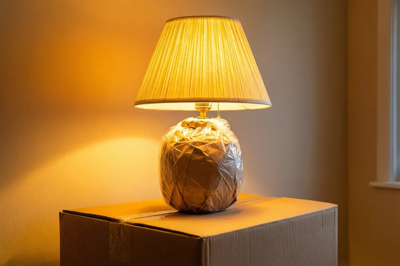Een in doorzichtig plastic verpakte lamp brandt op een verhuisdoos in een warm verlichte kamer met beige muren en een raam op de achtergrond.