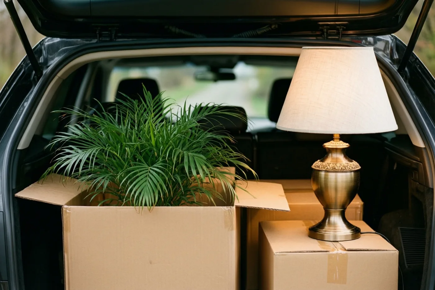In de open koffer van een auto staan dozen, met een groene kamerplant in de ene doos en een brandende tafellamp met goudkleurige voet op een andere.