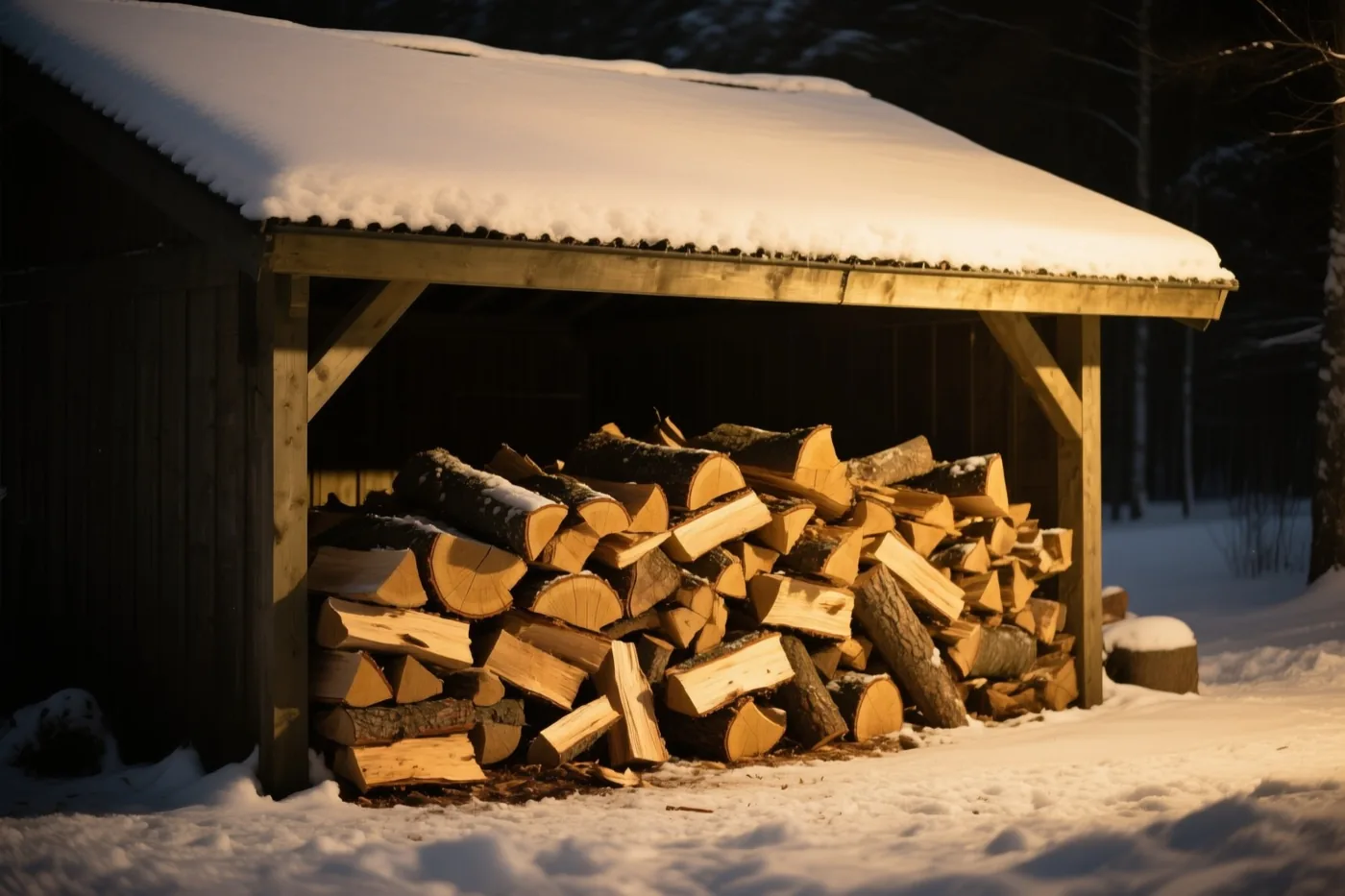Een stapel gekloofd brandhout ligt onder een besneeuwd houten afdak in een sneeuwlandschap, met warm zonlicht op hout en sneeuw.
