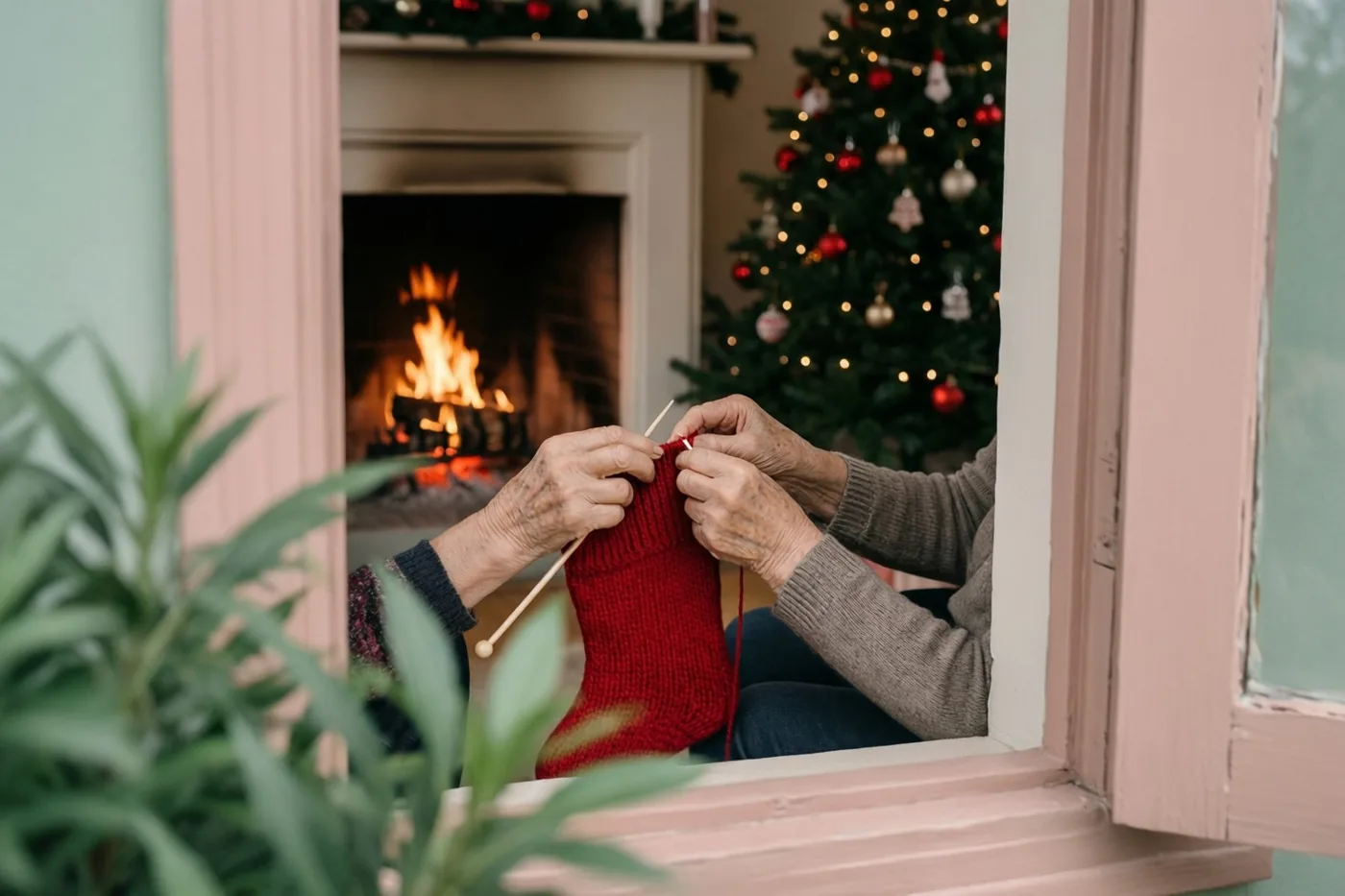 Door een raam met een roze kader zijn gerimpelde handen te zien die een rode kerstsok breien, met een brandende haard en versierde kerstboom op de achtergrond.