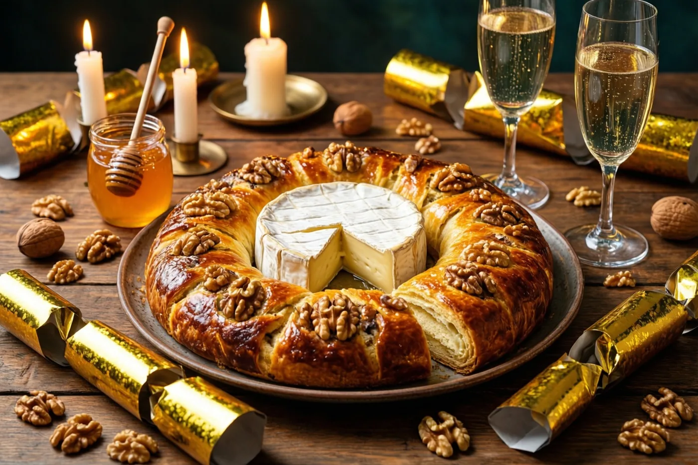 Een ronde brie uit de oven met walnoten staat op een houten tafel tussen brandende kaarsen, honing, champagneglazen en gouden feestcrackers.