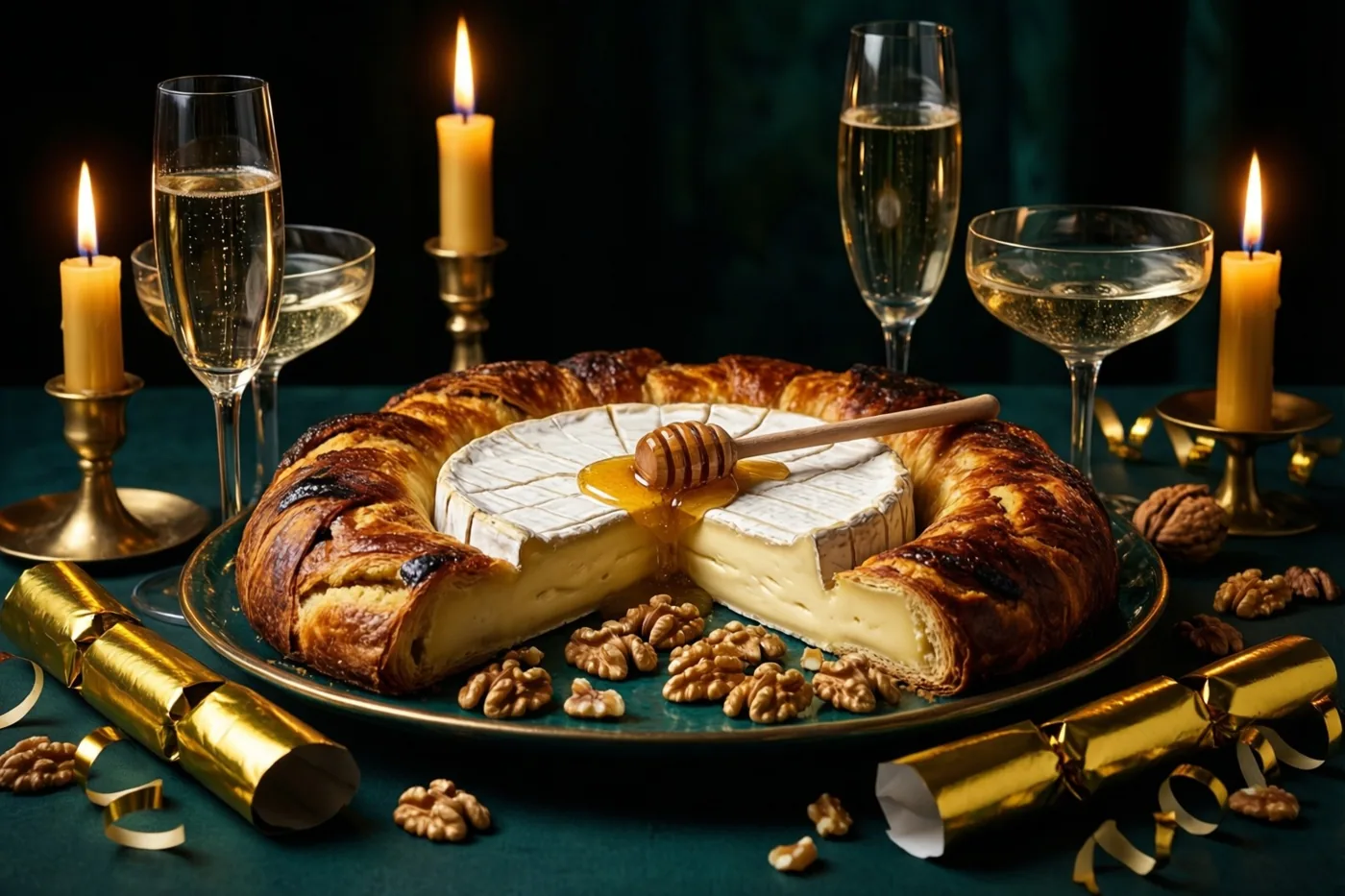 Een ronde brie uit de oven met honing en walnoten staat op een donkergroen tafelkleed tussen brandende kaarsen, champagneglazen en gouden feestcrackers.