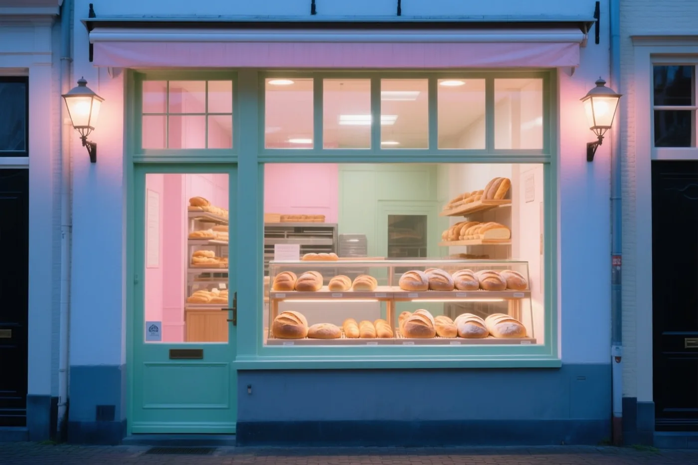 Rijen verse broden liggen achter een bakkersraam in warm binnenlicht, met pastelblauwe en mintgroene buitenmuren en zacht brandende straatlampen aan weerszijden.