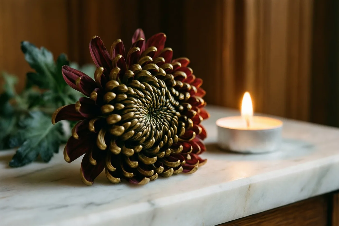 Een bronskleurig chrysantenhoofd ligt op een witmarmeren richel naast een brandend theelichtje, tegen een warme houten achtergrond in zacht licht.