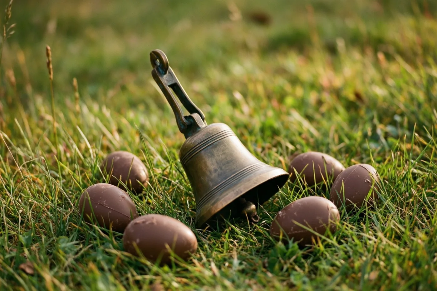 Een klein bronzen klokje ligt schuin in groen gras tussen gladde chocolade-eieren in warm zonlicht.