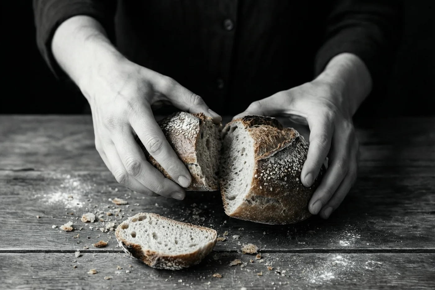 Op een zwart-witfoto breken twee handen een landelijk brood op een donkere houten tafel met bloem erop.