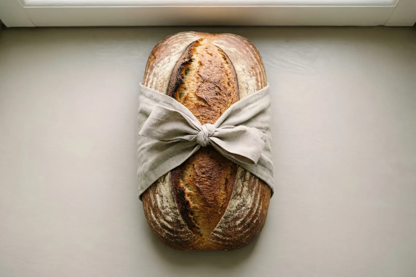 Een ambachtelijk brood met een goudbruine korst ligt in lichtbeige linnen met een strik op een effen witte ondergrond.