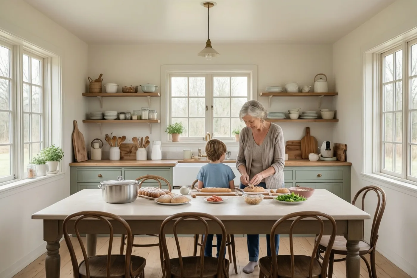 Een oma en een jong kind bereiden brood aan een lange houten tafel in een lichte landelijke keuken met grijsgroene kasten.