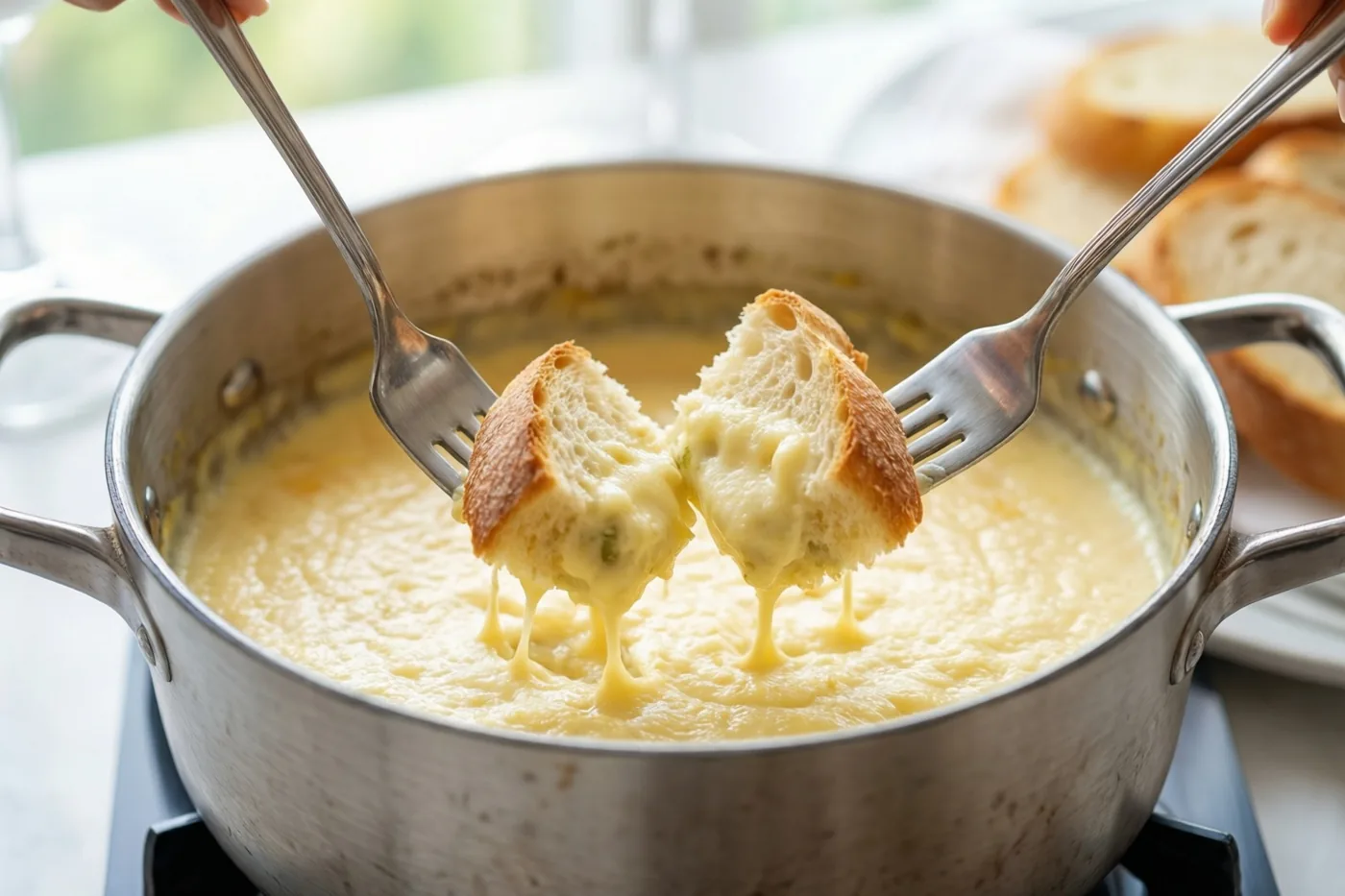 Twee vorken houden stukjes brood in romige kaasfondue, met draden gesmolten kaas ertussen en een heldere achtergrond.