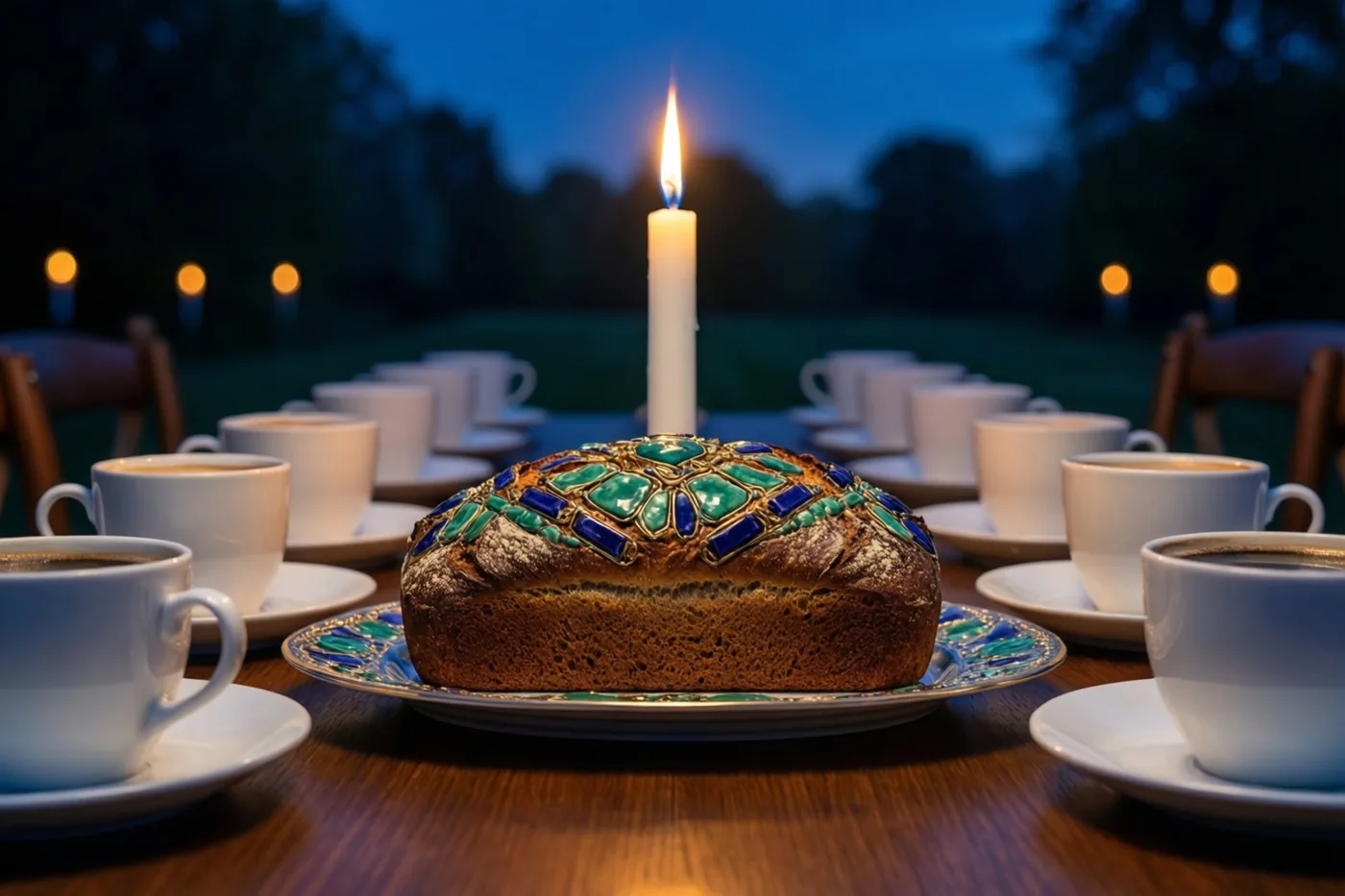 Een brood versierd met groene en blauwe mozaïektegeltjes ligt op een bord met een patroon, tussen witte koffiekopjes en een brandende witte kaars op een houten buitentafel in de schemering.