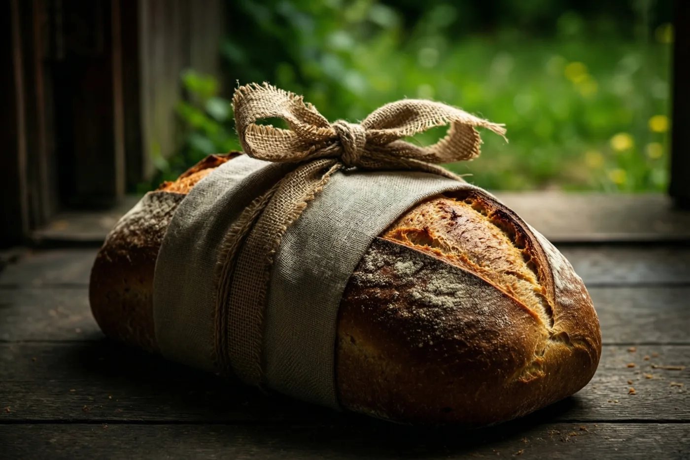 Een zelfgebakken brood in linnen met een juten strik ligt op donker hout, met door een open deur een onscherpe groene tuin in beeld.