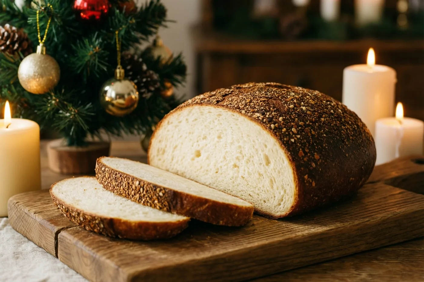 Een brood met twee afgesneden sneden ligt op een houten snijplank naast een klein versierd kerstboompje en brandende kaarsen.