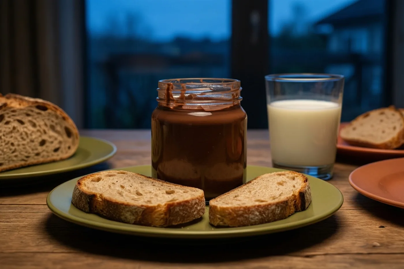 Een pot choco, twee sneetjes brood op een groen bord en een glas melk staan op een houten tafel voor een raam met een schemerig blauw uitzicht.