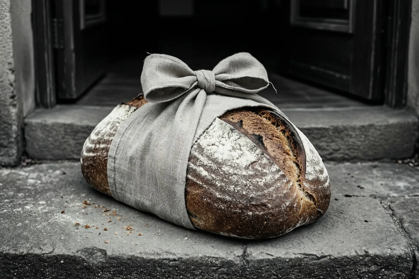 Een met bloem bestoven brood in grijs linnen met een strik ligt op een stenen drempel bij een donkere deuropening.